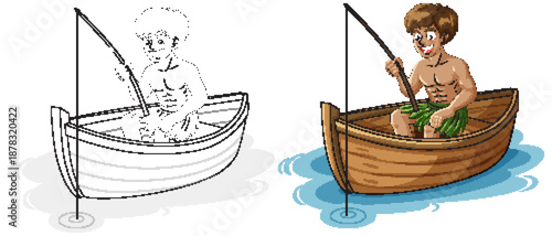 Young Man Fishing in Wooden Rowboat Vector Illustration