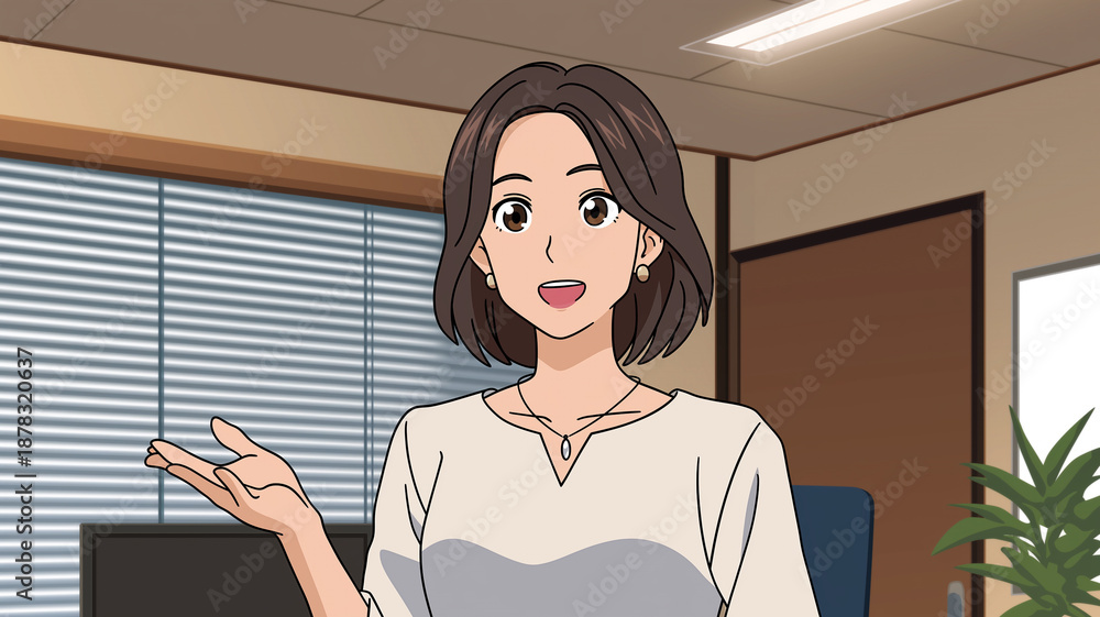 © umeno - ビジネスシーン　オフィス　プレゼンテーション　説明する女性　指導風景　働く人　会議　教える　ビジネスコミュニケーション　リーダーシップ　職場　アニメ風　資料説明　セミナーイメージ