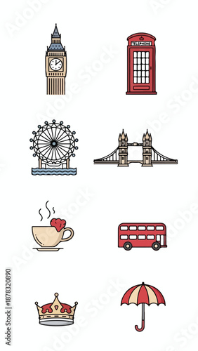 Flat lay of various iconic London symbols including Big Ben, red phone booth, Ferris wheel, Westminster Bridge, tea cup, double-decker bus, umbrella, and crown on a white background with a