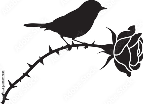 Black bird sitting on barbed wire with rose silhouette