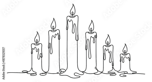 Continuous line drawing candle set featuring multiple burning candles with melting wax for holiday decoration and spiritual design