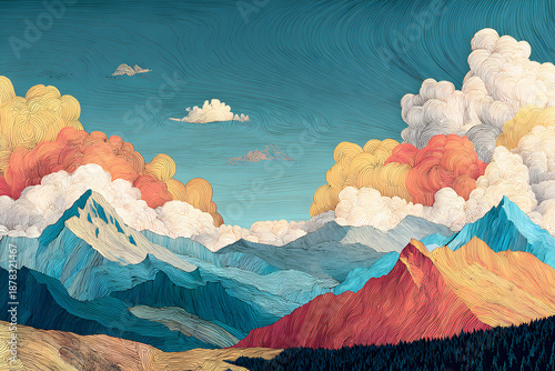Colorful abstract landscape artwork featuring mountains, clouds, and vibrant skies at sunset