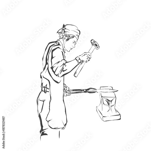 A blacksmith is forging a steel knife in his workshop