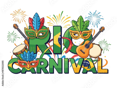 Rio Carnival Celebration with Masks Instruments and Fireworks.