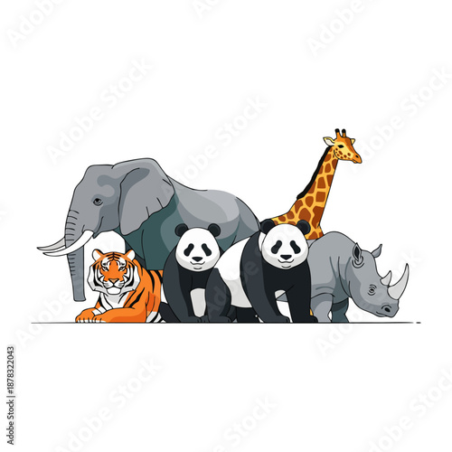 Illustration of a group of endangered animals including a tiger, elephant, pandas, giraffe, and rhino standing together on a white background.