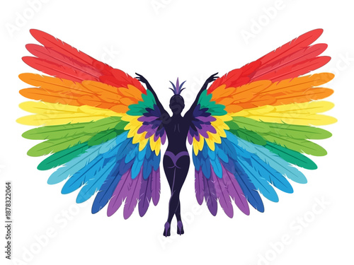 Silhouette of a Woman with Vibrant Rainbow Wings Celebrating Freedom and Diversity.