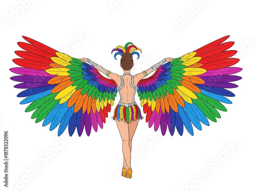 Woman in vibrant carnival costume with large rainbow wings.