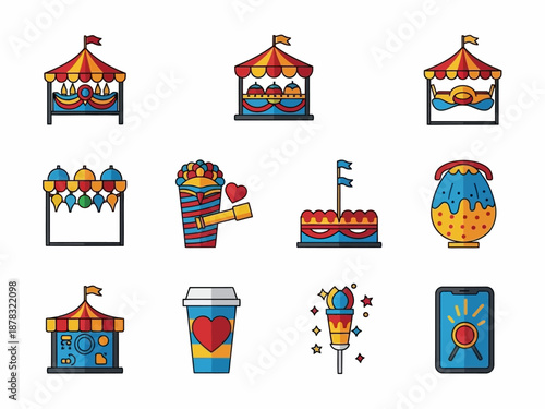 Collection of colorful carnival and fairground themed icons with various attractions and treats.