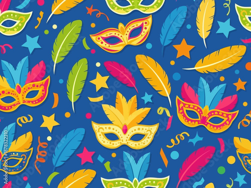 Vibrant Carnival Masks and Feathers Pattern.