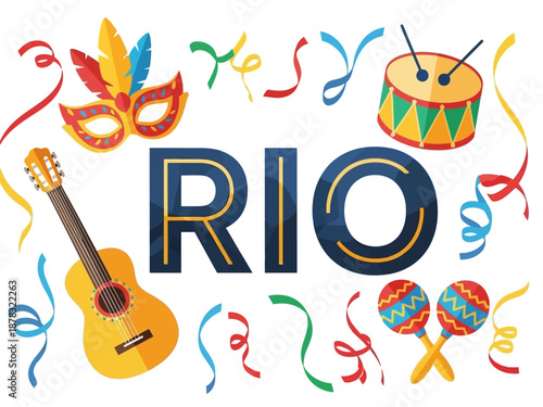 Rio Carnival celebration with festive mask guitar drum and maracas.
