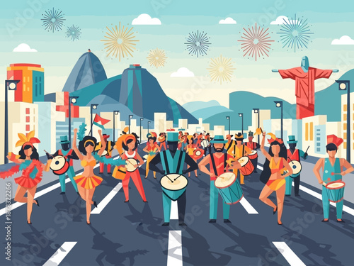 Vibrant Carnival Parade with Dancers and Musicians in Traditional Attire.