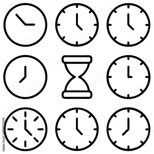 Collection of clock icons isolated on transparent background