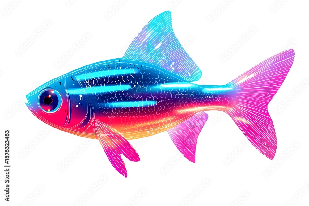 Fototapeta premium Colorful glowing neon fish illustration on white background