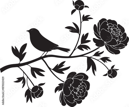 Black silhouette of bird on branch with flowers