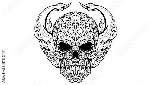 devil skull with flames and horns tattoo