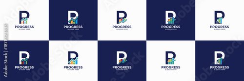 set of investment logo. letter P with data statistic shape. useable for accounting, financial, marketing, wealth management identity icon.