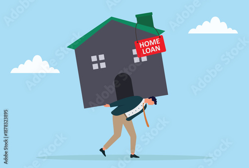 Vector illustration of a stressed businessman carrying a heavy house labeled home loan, symbolizing mortgage burden, financial pressure, debt responsibility, and housing costs
