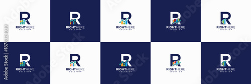 set of accounting logo design. usable for financial, marketing, investment, insurance identity icon. letter R with statistic bar icon.