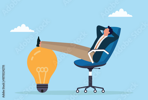 Vector illustration of a relaxed businessman sleeping in an office chair with feet on a light bulb, symbolizing creativity, innovation, relaxation, and stress-free thinking

