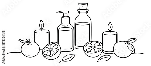Hand drawn line art spa items set featuring candles, bottles, and citrus fruits for relaxation and wellness concepts