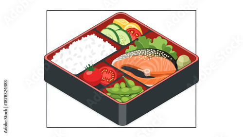 Isometric illustration of a traditional Japanese bento box featuring grilled salmon, white rice, edamame, tomatoes, and cucumber in a red and black container.