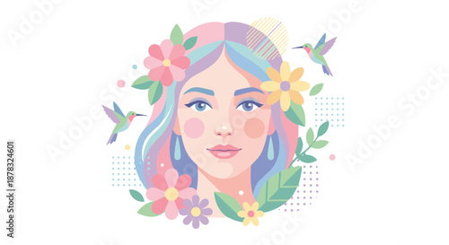 Captivating illustration of a young woman with soft pastel hair, vibrant flowers, and delicate hummingbirds, evoking natural grace and serene springtime beauty