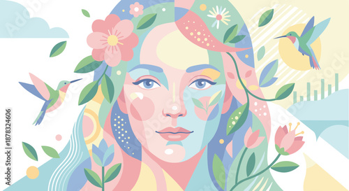 Serene Portrait of a Woman Embracing Nature's Beauty with Birds and Flowers