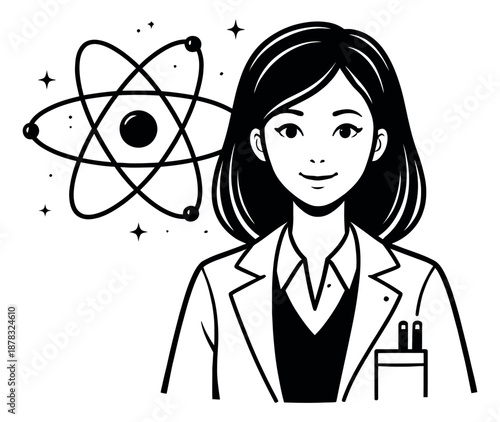 Black and white line art illustration of a female scientist depicting the concept of an atom for scientific research