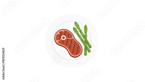 Minimalist Flat Vector Illustration of a Grilled Beef Steak with Fresh Green Asparagus Spears Served on a White Ceramic Plate for Healthy Keto Diet Meal Design.