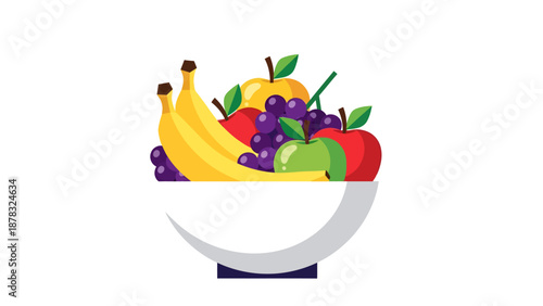 Flat vector illustration of a white bowl filled with fresh assorted fruits including yellow bananas, red and green apples, and purple grapes on white background.