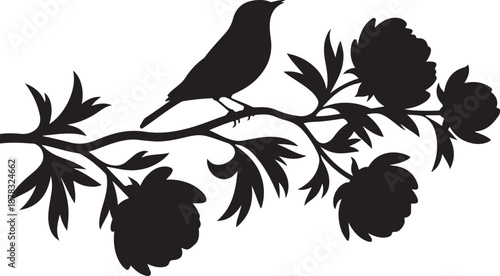Black silhouette of bird perched on flowering branch