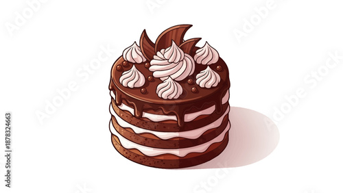 Delicious Layered Chocolate Cake Illustration with Whipped Cream Topping and Ganache Drip on a White Background for Bakery Menu and Sweet Dessert Design Project.