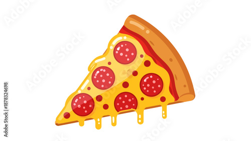 Delicious pepperoni pizza slice vector illustration with melting yellow cheese and spicy salami toppings isolated on a clean white background for food menu.