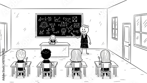 Cartoon teacher instructing students in a classroom with math formulas on the blackboard