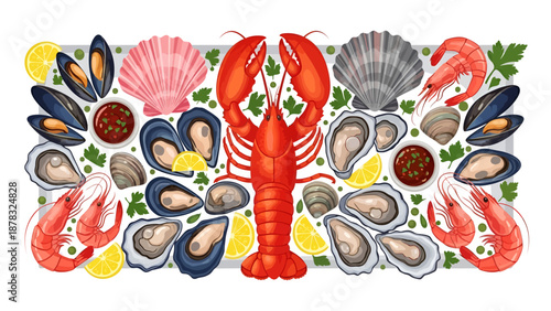 Vibrant Seafood Platter Illustration with Lobster Shrimp Mussels Oysters and Clams on White Background Perfect for Restaurant Menus Gastronomy and Food Apps.