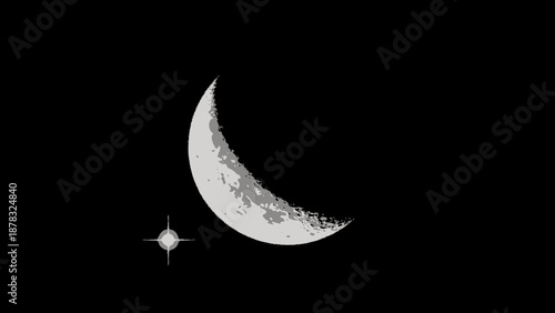 Crescent Moon and Star in Dark Night Sky