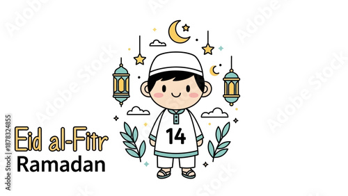 Cute Boy Celebrating Eid al-Fitr and Ramadan with Islamic Decorations