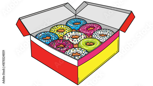 Colorful Cartoon Illustration of a Variety of Assorted Glazed Donuts with Sprinkles in an Open Box, Vector Style Graphic for Food Delivery and Bakery Promotion.