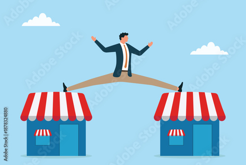 Vector illustration of a businessman with two feet in two shops, symbolizing multitasking, managing multiple businesses, investment strategy, diversification, and entrepreneurial balance
