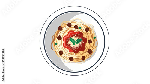 Professional vector illustration of a delicious plate of spaghetti with meatballs, rich tomato sauce, fresh basil, and parmesan cheese on a white background.