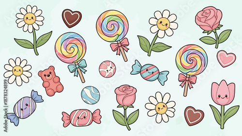 Cute Kawaii Candies, Flowers, and Hearts Collection - Sweet Cartoon Elements