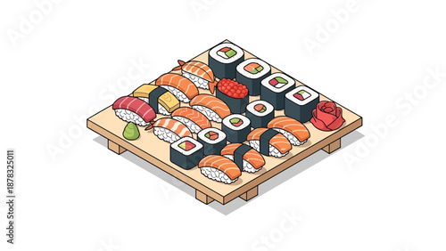 Isometric Sushi Set Illustration with Nigiri, Maki Rolls, and Sashimi on a Wooden Board, Featuring Salmon, Tuna, Shrimp, Wasabi, and Ginger on White Background.