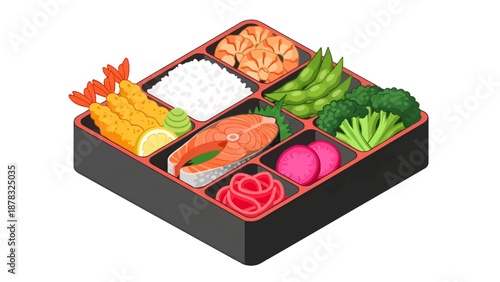Isometric Vector Illustration of a Traditional Japanese Bento Box with Salmon, Tempura Shrimp, Rice, Gyoza, Edamame, and Broccoli Isolated on White Background.
