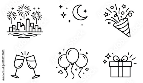 Line art celebration icon set featuring fireworks, balloons, and gift box for festive occasions
