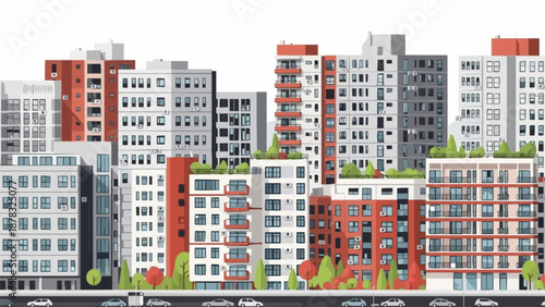 Modern Apartment Buildings Cityscape with Red Accents.