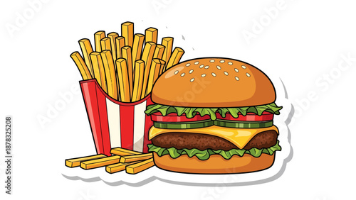 Vibrant Cartoon Cheeseburger and Crispy French Fries Illustration on a White Background. Ideal for Fast Food Menu Designs, Web Graphics, and Restaurant Posters.