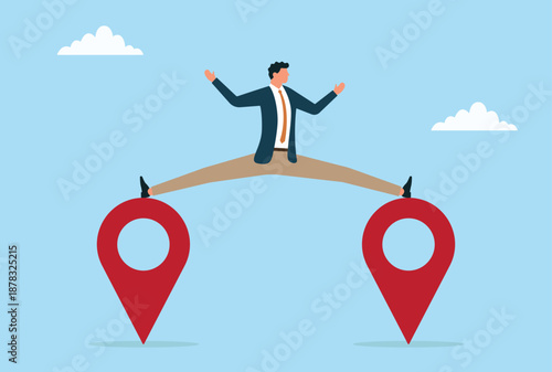 Vector illustration of a businessman with two feet in two locations, symbolizing managing multiple ventures, multitasking, strategic growth, business expansion, and entrepreneurial balance
