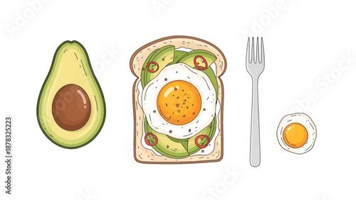 Hand-drawn vector illustration of delicious avocado toast topped with a fried egg and chili flakes, featuring a half avocado, a silver fork, and a small egg.