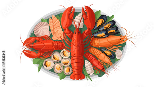Gourmet Seafood Platter Illustration featuring Fresh Red Lobster, King Shrimp, Blue Mussels, and Scallops on a White Background for Menu Design and Culinary Art.