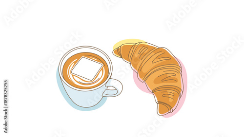 Minimalist continuous line art illustration of a hot coffee cup with marshmallow and a buttery croissant pastry isolated on a white background for cafe menu.